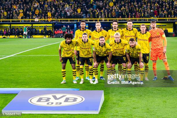 Teamphoto with Gregor Kobel of Borussia Dortmund, Julian Ryerson of Borussia Dortmund, Nico Schlotterbeck of Borussia Dortmund, Mats Hummels of...