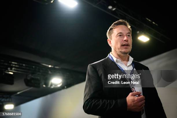 SpaceX, X , and Tesla CEO Elon Musk speaks with members of the media during day one of the AI Safety Summit at Bletchley Park on November 01, 2023 in...
