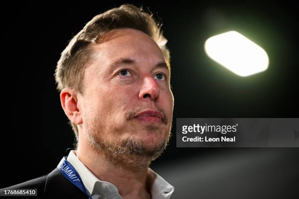 SpaceX, X , and Tesla CEO Elon Musk speaks with members of the media during day one of the AI Safety Summit at Bletchley Park on November 01, 2023 in...
