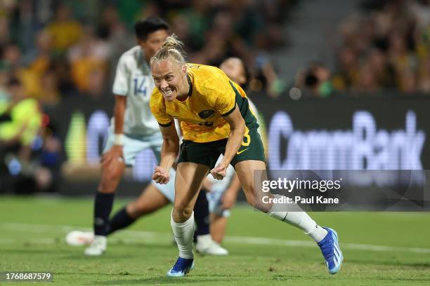 Tameka Yallop of Australia celebrates a goal during the AFC Women's Asian Olympic Qualifier match between Australia and Chinese Taipei at HBF Park at...