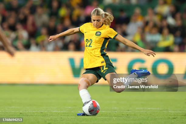 Charlotte Grant of the Matildas crosses the ball during the AFC Women's Asian Olympic Qualifier match between Australia Matildas and Chinese Taipei...