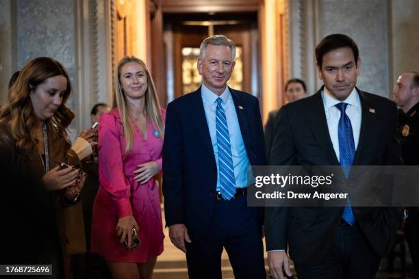 Sen. Tommy Tuberville walks to a closed-door lunch meeting with Senate Republicans at the U.S. Capitol November 7, 2023 in Washington, DC. The Senate...