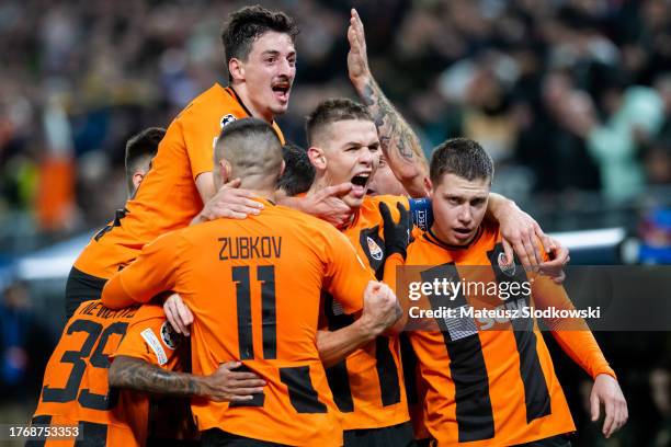 Danylo Sikan of Shakhtar Donetsk celebrates after scoring a goal during the UEFA Champions League match between FC Shakhtar Donetsk and FC Barcelona...