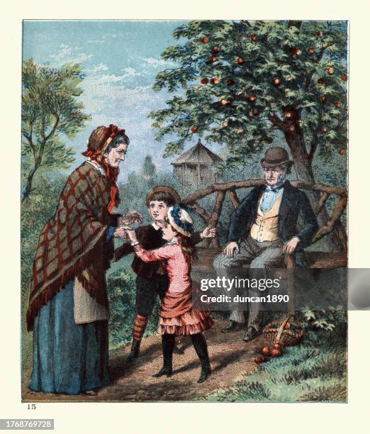 stockillustraties, clipart, cartoons en iconen met victorian children with their grandparents gathering apples from a tree, 19th century children's book illustration - familie met meerdere generaties