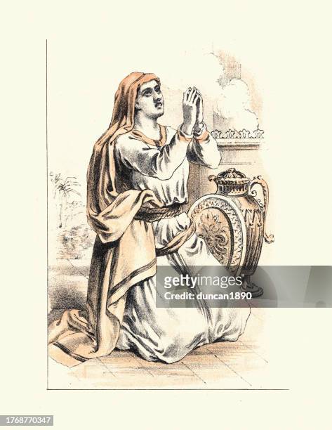 vintage illustration of biblical, the story of samuel, samuel's mother praying to god - prayer book stock illustrations