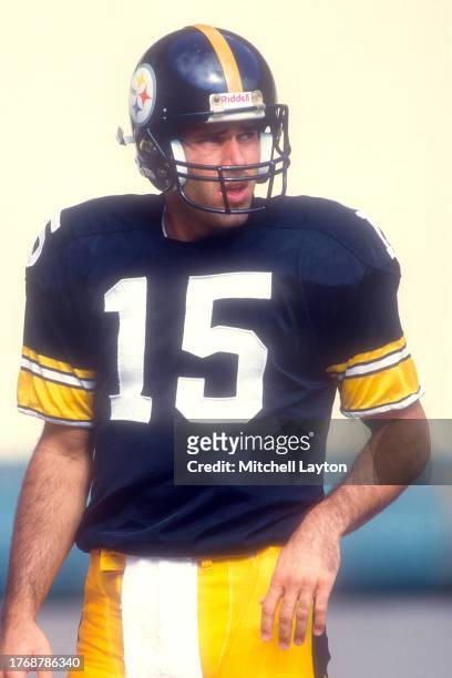 Steve Bono of the Pittsburgh Steelers looks on before a NFL football game against the Indianapolis Colts on October 18, 1987 at Three Rivers Stadium...