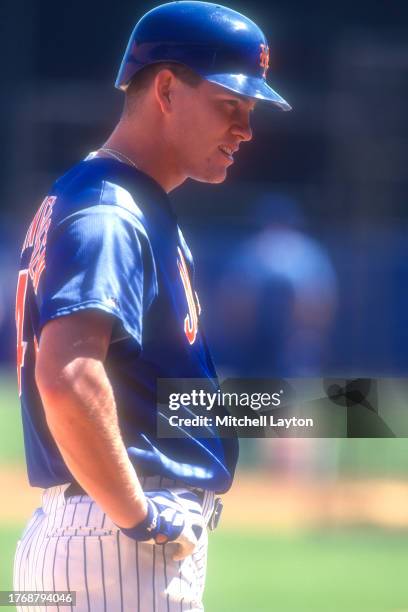 Jason Isringhausen of the New York Mets looks on during batting practice prior to a baseball game against the Los Angeles Dodgers on August 20, 1995...