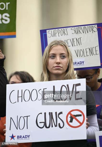 Demonstrators gather with banners outside the US Supreme Court during the gun-control rally in Washington DC., United States on November 07, 2023.