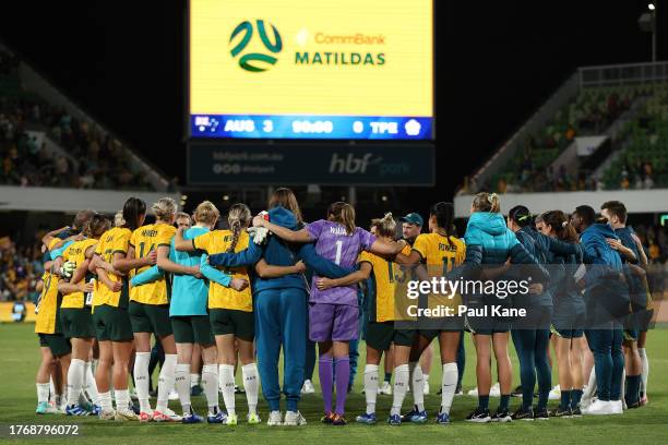 The Matildas huddle after winning the AFC Women's Asian Olympic Qualifier match between Australia and Chinese Taipei at HBF Park at HBF Park on...