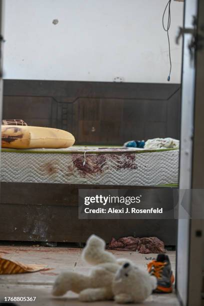 Teddy bear is seen left on the ground near the bomb shelter of a kibbutz home attacked by Hamas on Oct 7th, near the border with Gaza, on November...