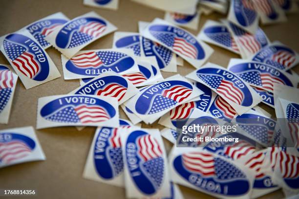 Stickers at a polling location in Haymarket, Virginia, US, on Tuesday, Nov. 7, 2023. All 140 state legislative seats are at stake in Virginia, where...