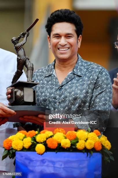 Sachin Tendulkar inaugurates his statue at the Wankhede Stadium on November 01, 2023 in Mumbai, India.