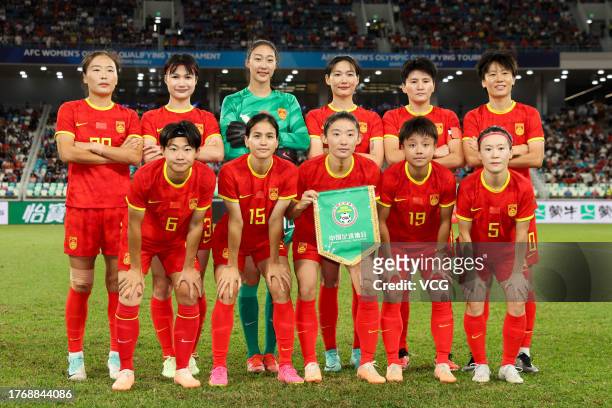 Players of China line up prior to the AFC Women's Asian Olympic Qualifier Round 2 Group B match between China and South Korea at Xiamen Egret Stadium...