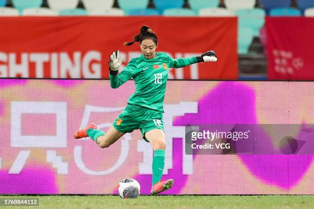 Goalkeeper Xu Huan of China kicks the ball during the AFC Women's Asian Olympic Qualifier Round 2 Group B match between China and South Korea at...