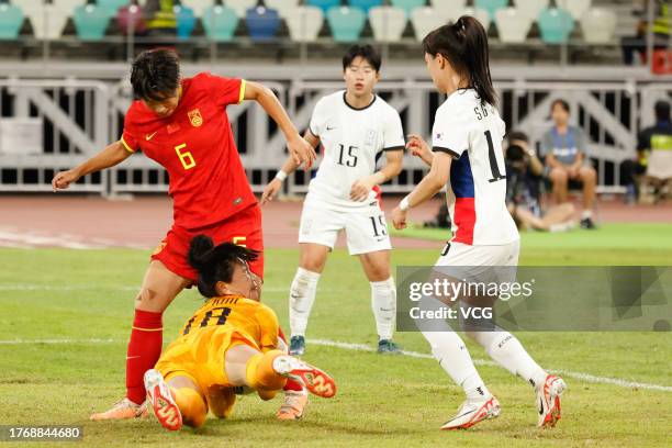 Wu Chengshu of China and goalkeeper Kim Jung-mi of South Korea compete for the ball during the AFC Women's Asian Olympic Qualifier Round 2 Group B...