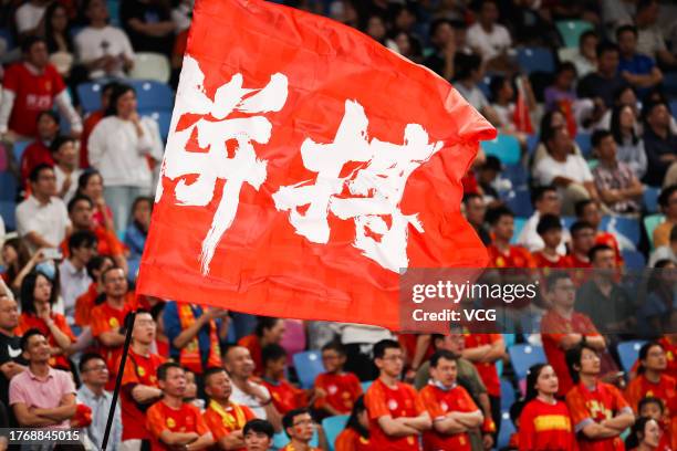 Fans of China cheer during the AFC Women's Asian Olympic Qualifier Round 2 Group B match between China and South Korea at Xiamen Egret Stadium on...