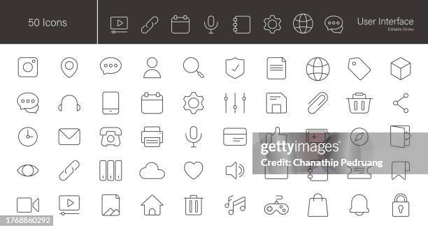user interface icon set. 50 editable stroke vector graphic elements, stock illustration icon, icon set graphical user interface, mobile app - application programming interface stock illustrations