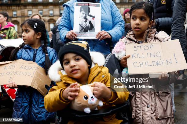 Parents and children hold a Teddy bear protest and vigil in George Square demanding a ceasefire to protect the children of Gaza on November 01, 2023...