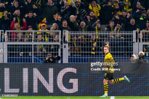 Julian Brandt of Borussia Dortmund celebrates after scoring the team's second goal during the UEFA Champions League Group F match between Borussia...