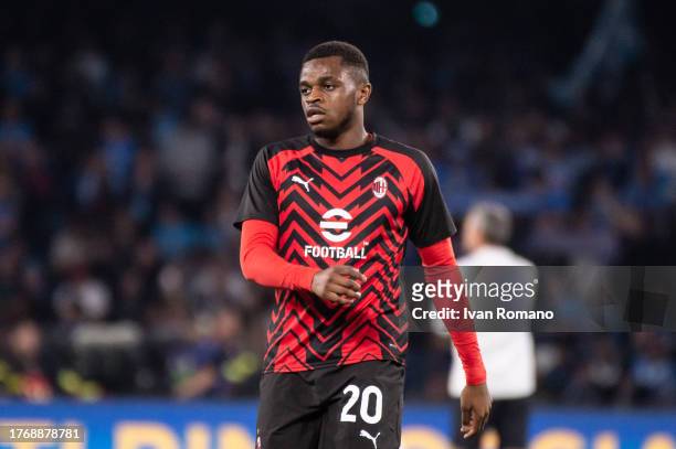 Pierre Kalulu of AC Milan pre-game warm up during the Serie A TIM match between SSC Napoli and AC Milan at Stadio Diego Armando Maradona on October...