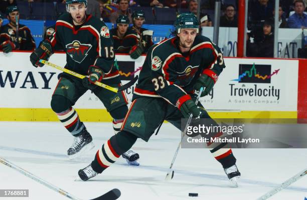 Center Sergei Zholtok of the Minnesota Wild controls the puck during the NHL game against the Washington Capitals at the MCI Center on November 21,...