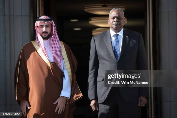 Secretary of Defense Lloyd Austin welcomes Saudi Arabian Minister of Defense Khalid bin Salman to the Pentagon November 1, 2023 in Arlington,...