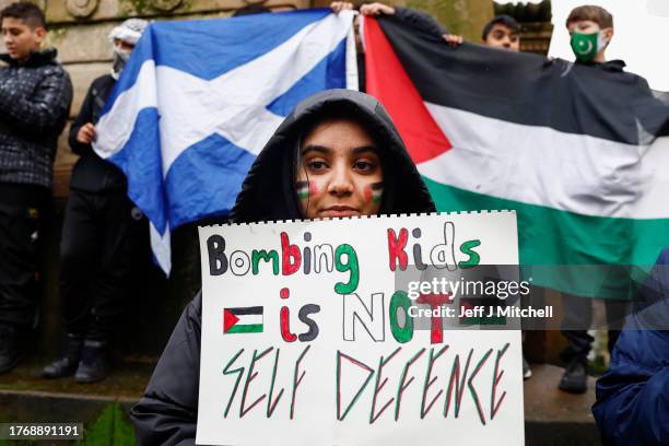 Parents and children hold a teddy bear protest and vigil in George Square demanding a ceasefire to protect the children of Gaza, on November 01, 2023...