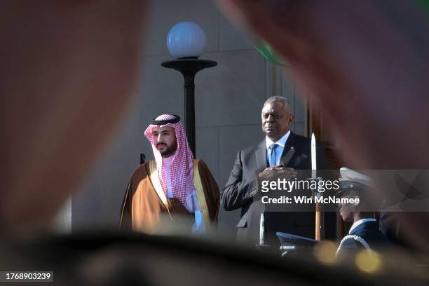 Secretary of Defense Lloyd Austin welcomes Saudi Arabian Minister of Defense Khalid bin Salman to the Pentagon November 1, 2023 in Arlington,...
