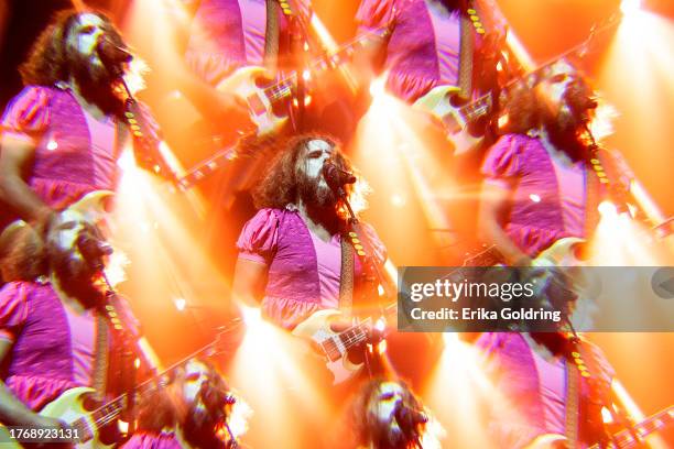 Jim James of My Morning Jacket, dressed as the character Princess Peach of Super Mario, performs at The Orpheum Theatre on October 31, 2023 in New...