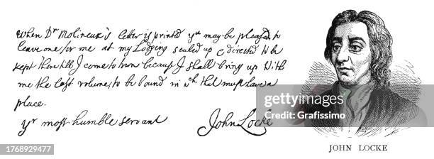 ilustraciones, imágenes clip art, dibujos animados e iconos de stock de retrato del filósofo inglés john locke con texto manuscrito y firma - john locke