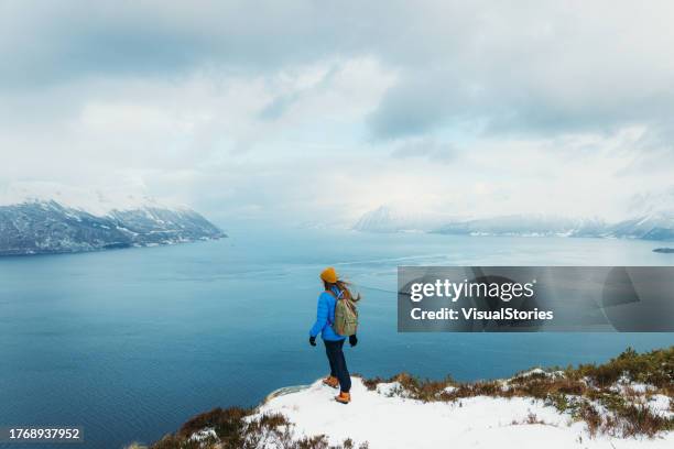 frau mit rucksack wandert in den bergen und betrachtet den winterfjord von oben - skandinavischer abstammung stock-fotos und bilder