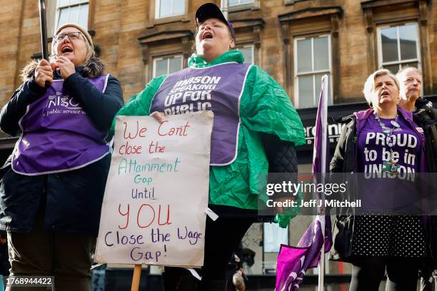 Striking Unison school staff hold a rally at Buchanan Street on November 01, 2023 in Glasgow, Scotland. The one day strike revolve around an...