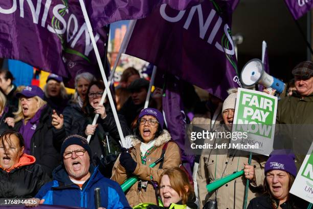 Striking Unison school staff hold a rally at Buchanan Street on November 01, 2023 in Glasgow, Scotland. The one day strike revolve around an...