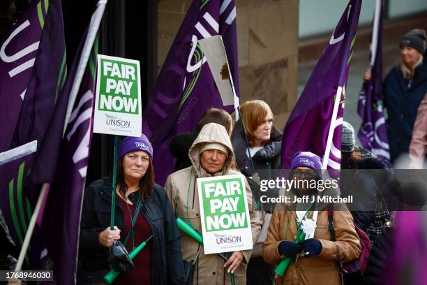 Striking Unison school staff hold a rally at Buchanan Street on November 01, 2023 in Glasgow, Scotland. The one day strike revolve around an...