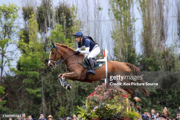 Carlos Parro of Brazil riding Safira over the cross country course during the Three day eventing competition at the Pan-Am Games at Escuela de...