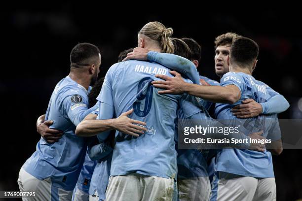Erling Haaland of Man City celebrates his goal with teammates during the UEFA Champions League Group Stage match between Manchester City and BSC...