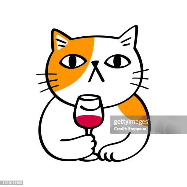 cat holds a wineglass - wine logo stock illustrations