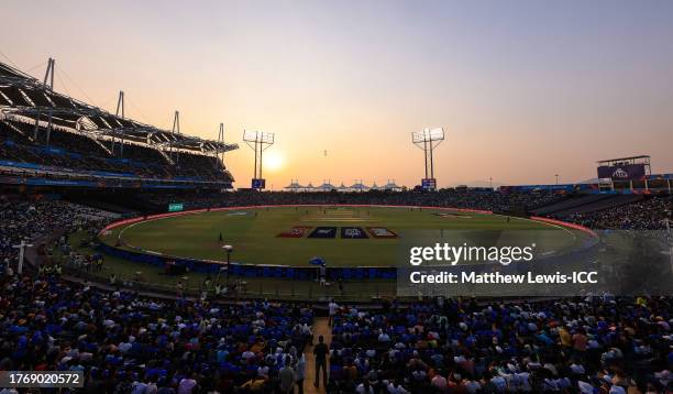 General view of play during the ICC Men's Cricket World Cup India 2023 between New Zealand and South Africa at MCA International Stadium on November...