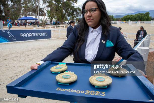 Gold medals being brought in for the medal ceremony of the Equestrian Eventof the Three day event at the Pan-Am Games at Escuela de Equitación...