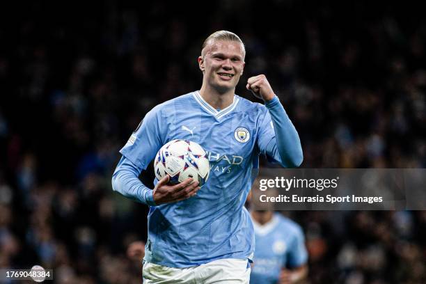 Erling Haaland of Man City celebrates his goal during the UEFA Champions League Group Stage match between Manchester City and BSC Young Boys at...