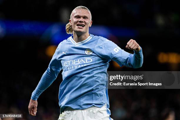 Erling Haaland of Man City celebrates his goal during the UEFA Champions League Group Stage match between Manchester City and BSC Young Boys at...