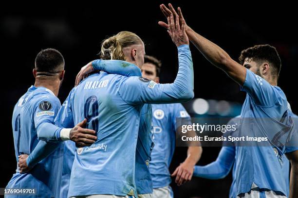 Erling Haaland of Man City celebrates his goal with teammates during the UEFA Champions League Group Stage match between Manchester City and BSC...