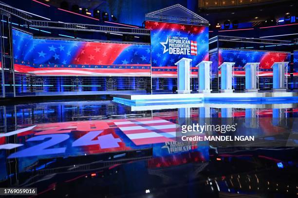 The stage is prepared ahead of the third Republican presidential primary debate at the the Knight Concert Hall at the the Knight Concert Hall at the...