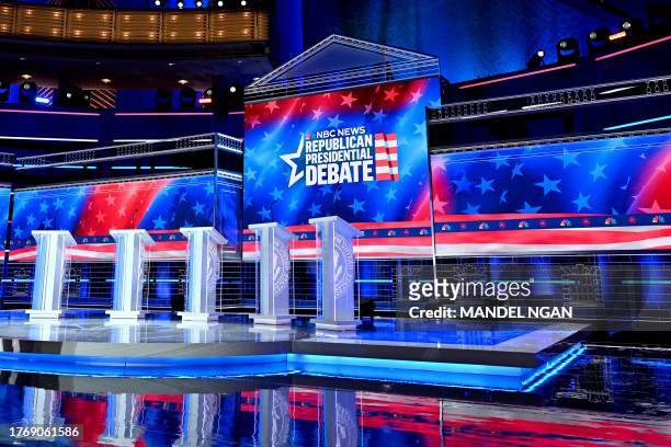 The stage is prepared ahead of the third Republican presidential primary debate at the the Knight Concert Hall at the Adrienne Arsht Center for the...