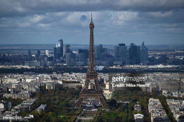 The Eiffel Tower dominates the Parisian skyline on October 24, 2023 in Paris, France. Paris will host the Summer Olympics from July 26 till August...