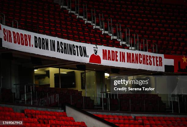 Sir Bobby Charlton banner is displayed in the stand during the Carabao Cup Fourth Round match between Manchester United and Newcastle United at Old...