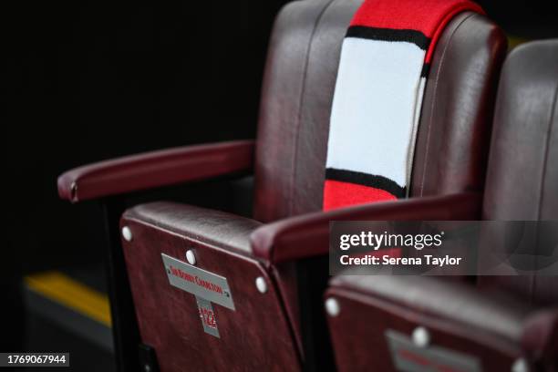 View of a seat with Sir Bobby Charlton's name on it in the stand during the Carabao Cup Fourth Round match between Manchester United and Newcastle...