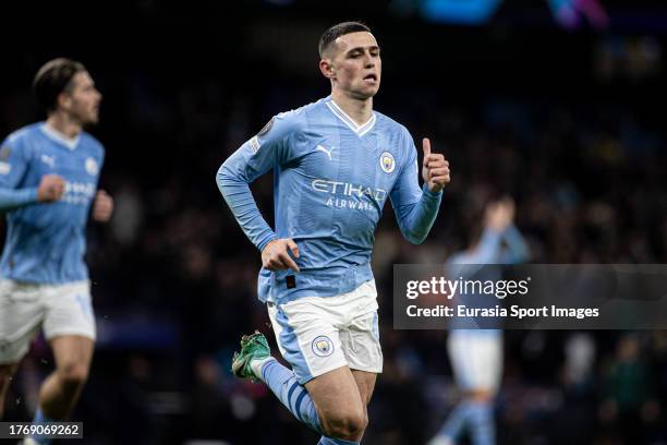 Phil Foden of Man City celebrates his goal during the UEFA Champions League Group Stage match between Manchester City and BSC Young Boys at Etihad...