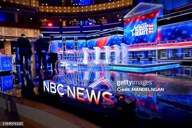 The stage is prepared ahead of the third Republican presidential primary debate at the the Knight Concert Hall at the the Knight Concert Hall at the...