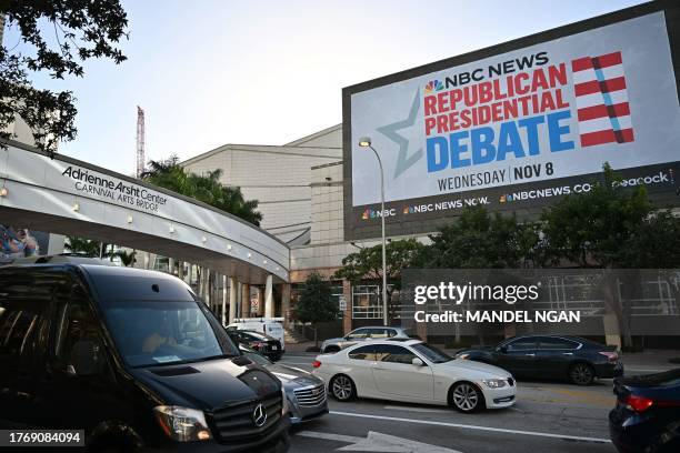 Billboard is displayed outside the the Knight Concert Hall at the Adrienne Arsht Center for the Performing Arts ahead of the third Republican...